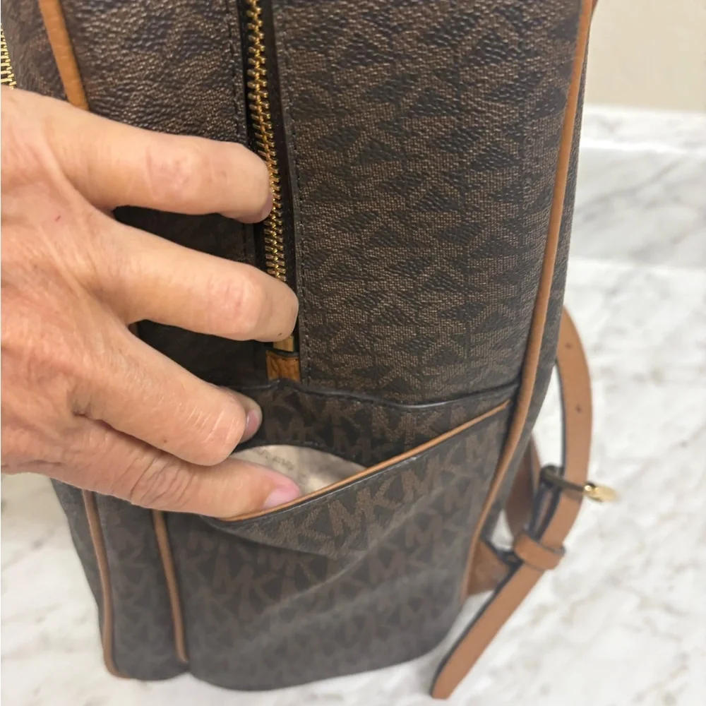 Michael Kors Dark Brown MK Monogram Backpack with Tan Trim